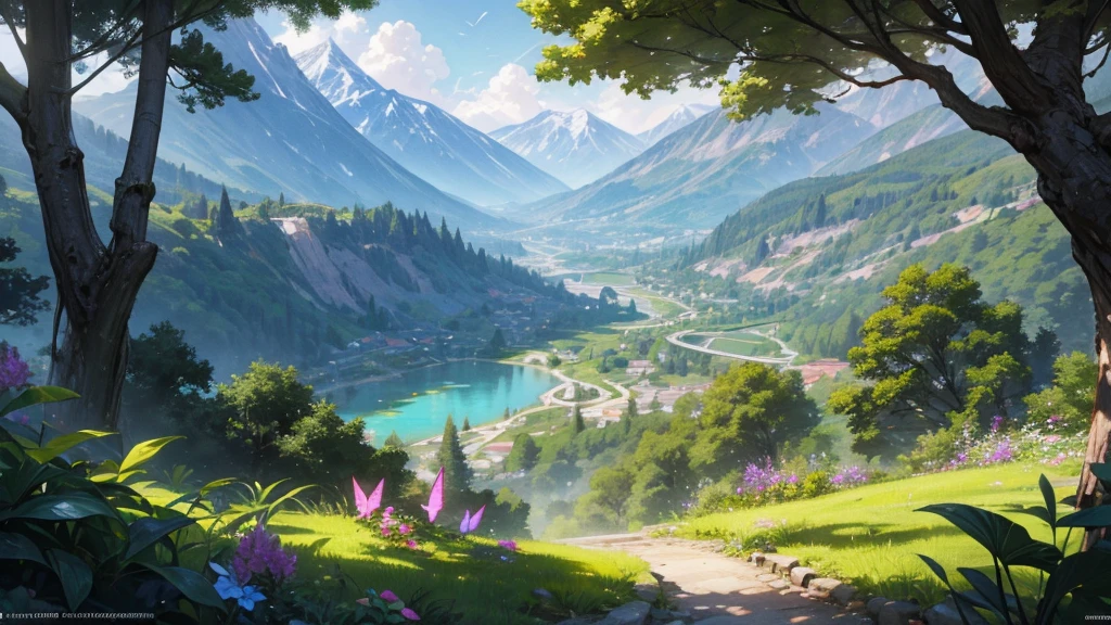 a beautiful lush garden, a serene landscape, breathtaking mountains, a majestic forest, stunning waterfalls, beautiful flowers, intricate foliage, detailed vegetation, sunbeams shining through the trees, peaceful lake, colorful butterflies, detailed wildlife, beautiful sky with clouds, golden hour lighting, cinematic composition, vibrant colors, hyper-realistic, 8k, highly detailed, masterpiece, award-winning, professional photography