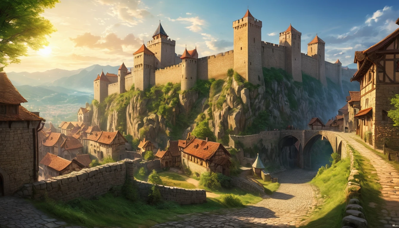 (anime, fantasy, kingdom of heaven), (best quality, highres, HDR:1.2), vibrant colors, medieval atmosphere, medieval city, stone city wall, intricate, medieval beauty, fantastical landscapes, ethereal light, general shot