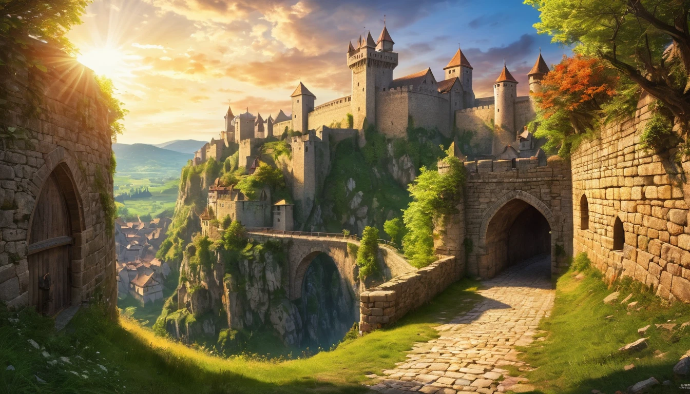 (anime, fantasy, kingdom of heaven), (best quality, highres, HDR:1.2), vibrant colors, medieval atmosphere, medieval city, stone city wall, intricate, medieval beauty, fantastical landscapes, ethereal light, general shot