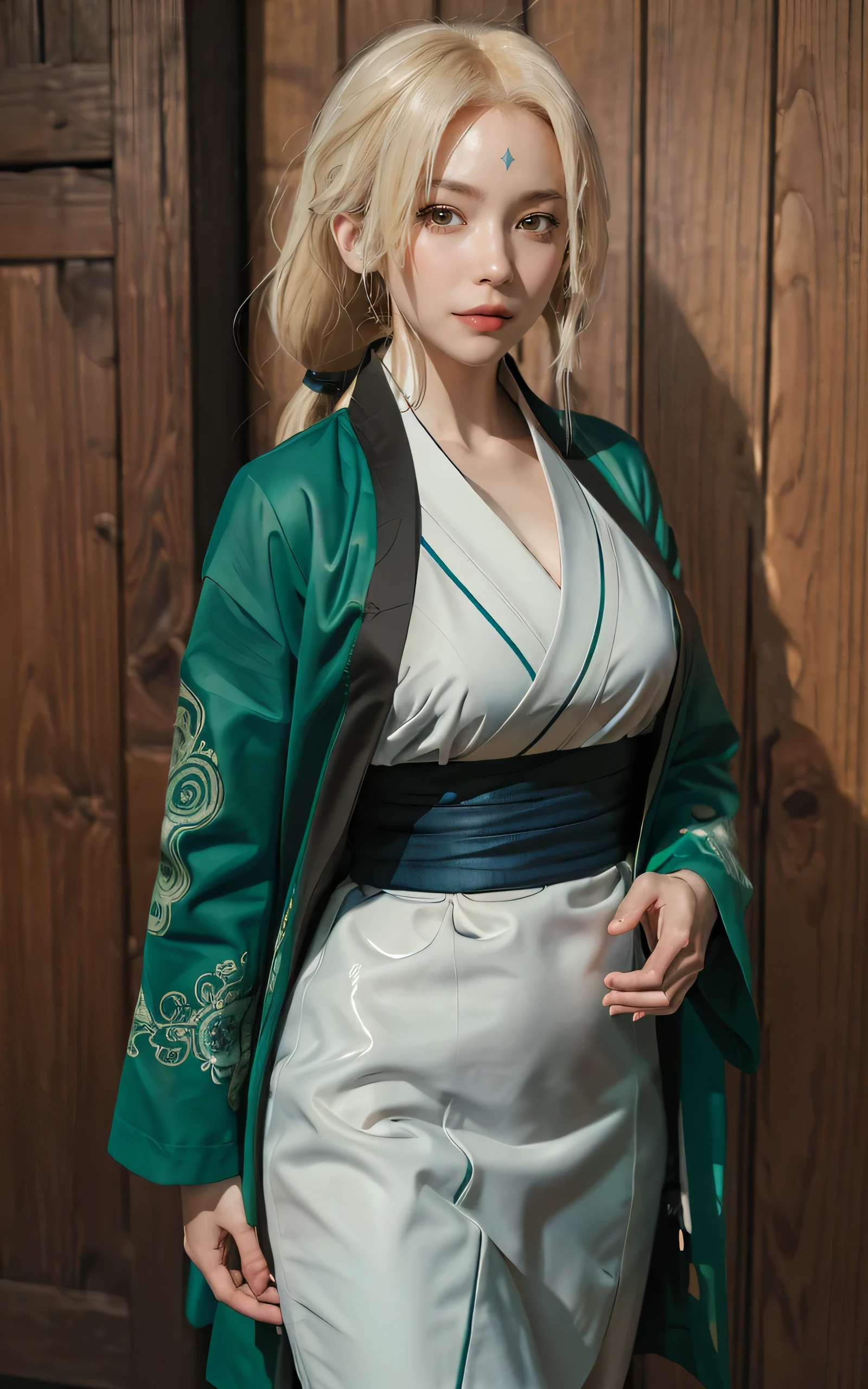 highres, sharp focus, pixiv masterpiece, ((intricate details)), highly detailed,  upper body, 1girl, mature, blonde hair, blue forehead mark, white kimono, green jacket, sash, tsunade_senju, large breast