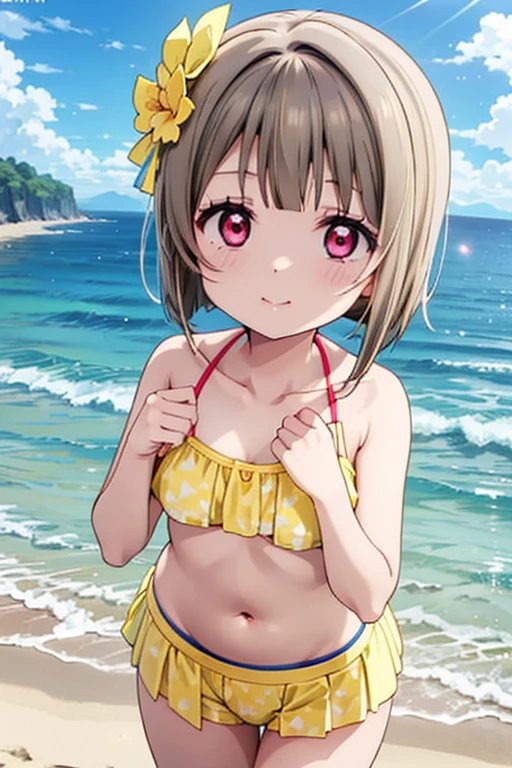 (Highest quality、Masterpiece ∶1.2)One Girl、alone、アニメ、アニメScreencap、Ray Tracing、Global Illumination、ultra hi resolution picture、Bright colors、Cinematic Light、Lens flare、Light on the face、Glowing Eyes、Depth of written boundary、Detailed Background、Straight、View your viewers、lovelive、Yellow-brown hair、Bobcut、Asymmetrical Hair、Long left bangs、Red Eye、Kasumi Nakasu、Nijigasaki University、Crescent shaped hair ornament、Ocean、Sandy Beach、Yellow Bikini、Waistline