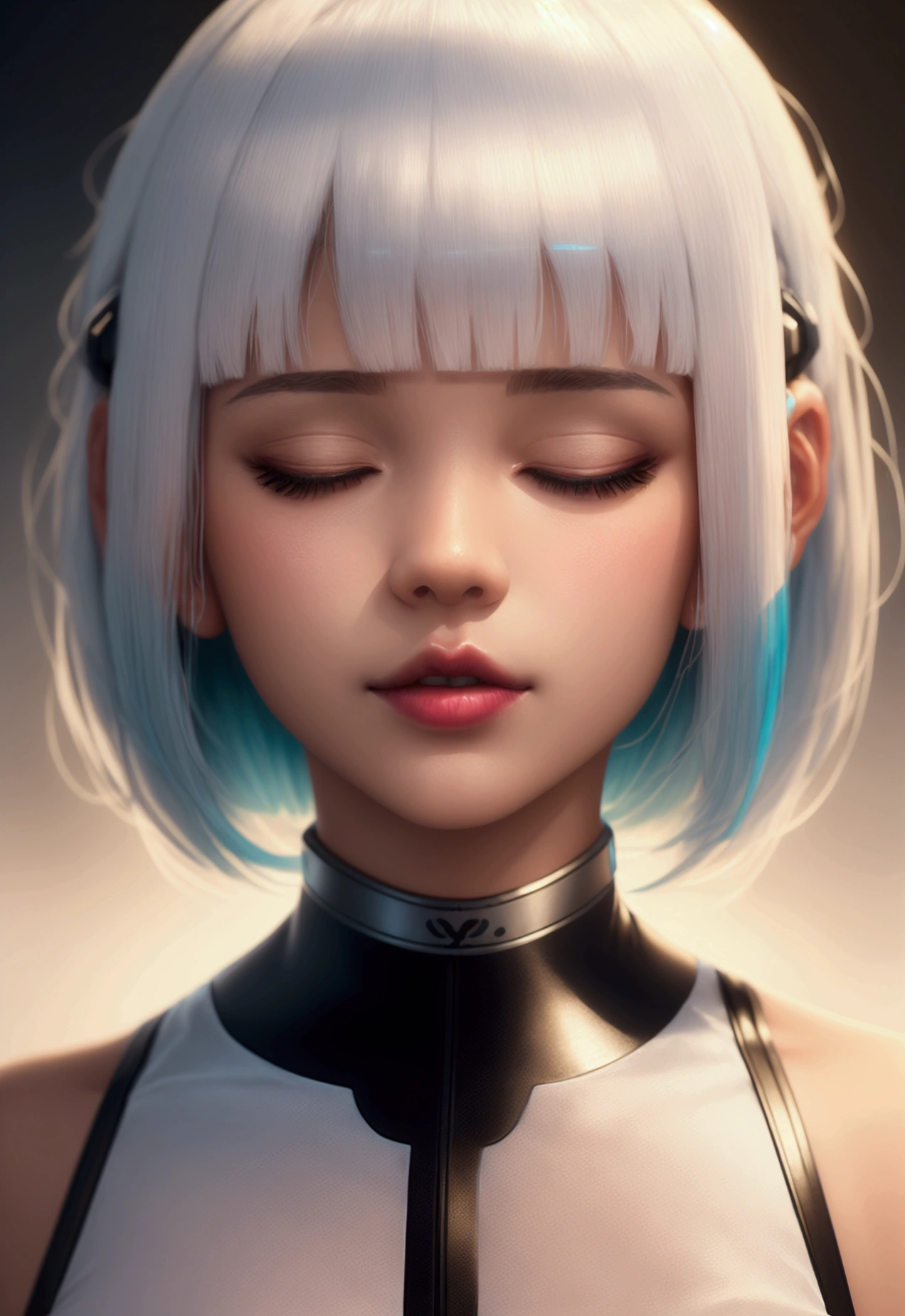 frutgier aero, girl ,bobcut, bangs, chanel haircut,cyan,white , realistic, good render,portrait,cyborg,white hair,white lipstick,closed eyes,front view