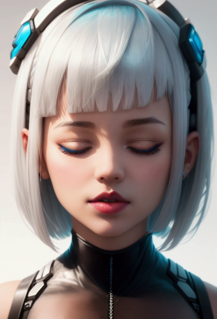 frutgier aero, girl ,bobcut, bangs, chanel haircut,cyan,white , realistic, good render,portrait,cyborg,white hair,white lipstick,closed eyes,front view