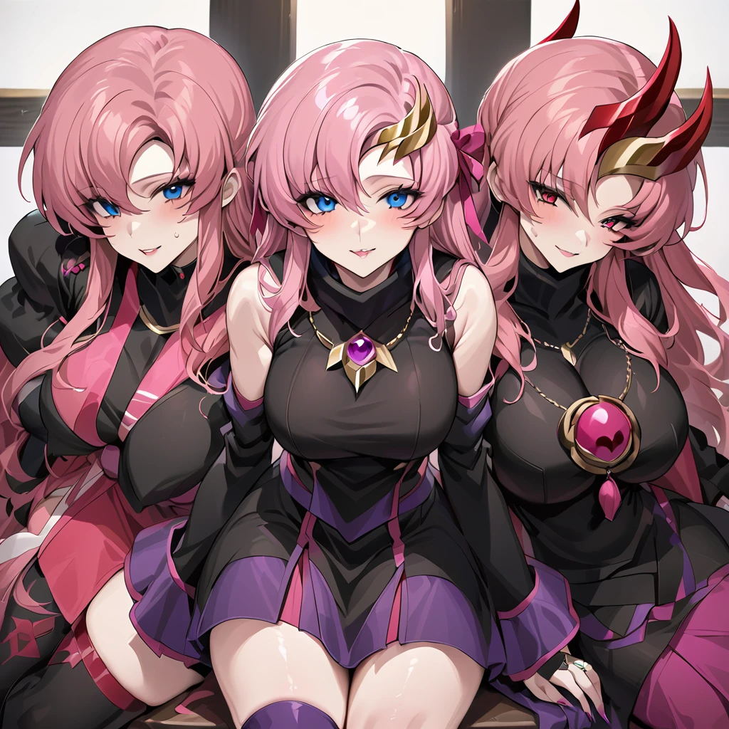 ((Highest quality)), ((masterpiece)), (detailed), (Perfect Face)、The beautiful and seductive woman is Lacus Clyne, the wife of the leader of the evil god cult, the saint of darkness, and has blue eyes, pink hair, medium-long hair, and a gorgeous and delicately detailed masochism.々An evil shrine maiden wearing a beautiful black evil shrine maiden outfit, an evil shrine maiden necklace, evil accessories, a gorgeous evil shrine maiden head chain tiara, and an engagement ring.、The woman is the wife of a middle-aged, bearded cult leader who is revered by a mysterious cult of evil gods.、A loving couple is worshipped by a mysterious cult leader dressed in the luxurious clothing of a cult leader of an evil god, and is loved and caressed all over the body by the cult leader at the altar of the cult of an evil god.