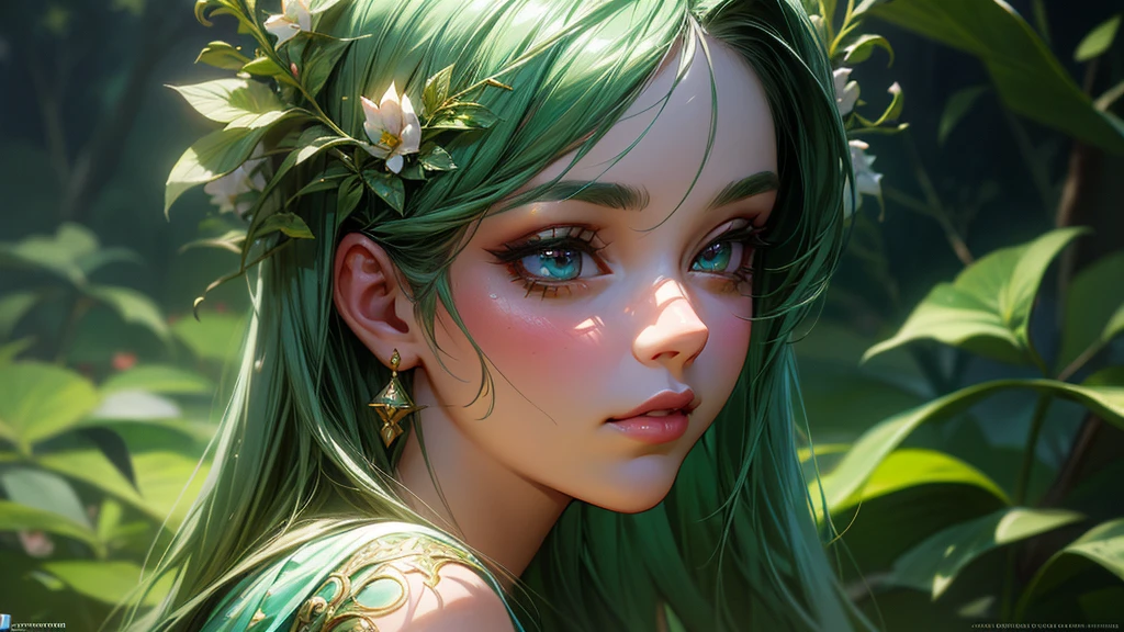 a beautiful lush green earth kingdom, a girl in a garden, detailed portrait, beautiful detailed eyes, beautiful detailed lips, extremely detailed face and skin, long eyelashes, detailed ornate dress, ornate floral background, fantasy, digital painting, cinematic lighting, vibrant colors, highly detailed, 8k, photorealistic