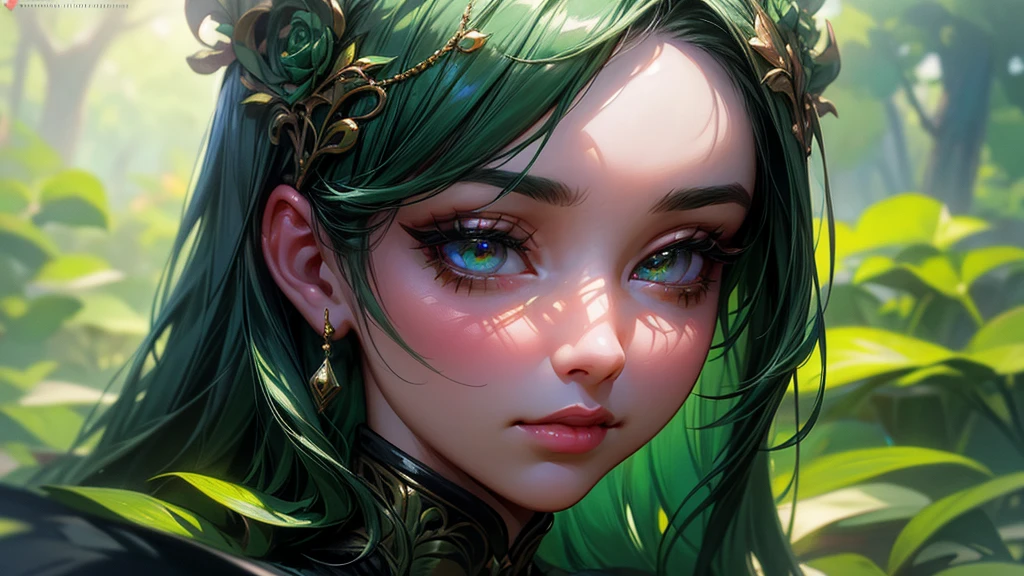 a beautiful lush green earth kingdom, a girl in a garden, detailed portrait, beautiful detailed eyes, beautiful detailed lips, extremely detailed face and skin, long eyelashes, detailed ornate dress, ornate floral background, fantasy, digital painting, cinematic lighting, vibrant colors, highly detailed, 8k, photorealistic