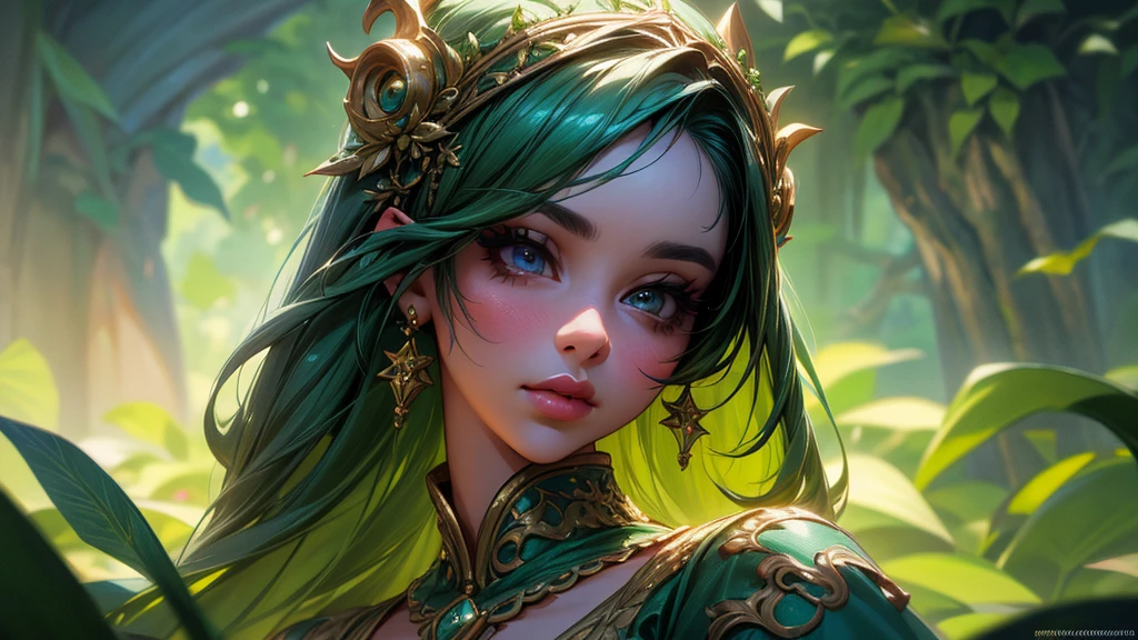 a beautiful lush green earth kingdom, a girl in a garden, detailed portrait, beautiful detailed eyes, beautiful detailed lips, extremely detailed face and skin, long eyelashes, detailed ornate dress, ornate floral background, fantasy, digital painting, cinematic lighting, vibrant colors, highly detailed, 8k, photorealistic