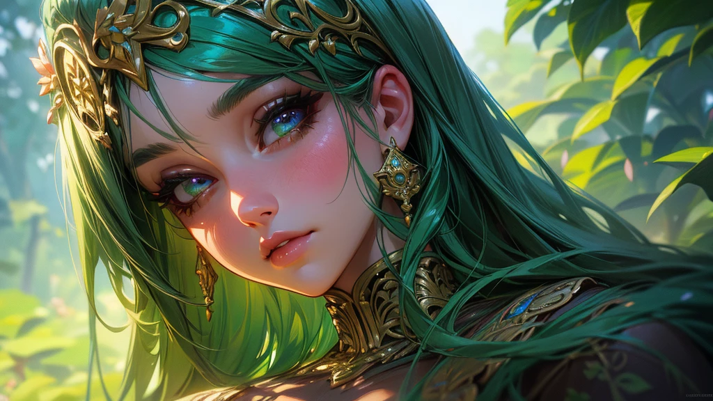 a beautiful lush green earth kingdom, a girl in a garden, detailed portrait, beautiful detailed eyes, beautiful detailed lips, extremely detailed face and skin, long eyelashes, detailed ornate dress, ornate floral background, fantasy, digital painting, cinematic lighting, vibrant colors, highly detailed, 8k, photorealistic