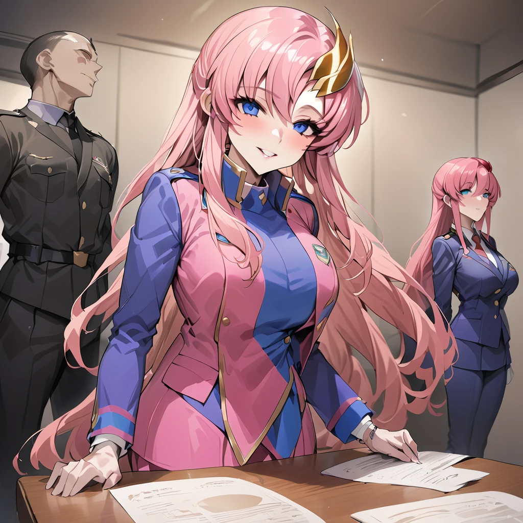 ((Highest quality)), ((masterpiece)), (detailed), (Perfect Face)、The woman is Lacus Clyne, with blue eyes, pink medium-long hair and a hair accessory.、The woman is a female officer in the Earth Federation Army and is wearing an Earth Federation Army uniform.、The woman serves as a secretary to a dignified elderly general in the Earth Alliance military.