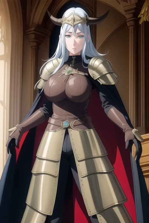 (high quality:1.2), intricate detailed, colorful,
VanessaCromwell, 1girl, mature female, solo, cowboy shot,
looking at viewer, determined,
white hair, long hair, green eyes,
armor, breastplate, shoulder armor, bodysuit, horned helmet, gloves, cape, cloak, (cape covering her arms 1.2)
large breasts, 
Room, standing
 