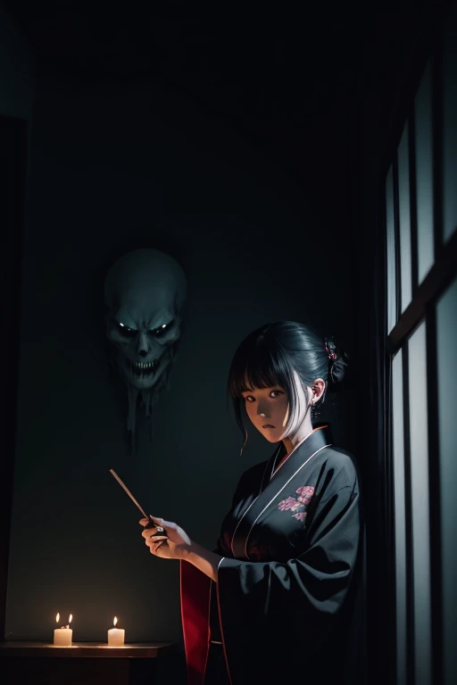 horror anime style, super fine illustration, masterpiece,best quality,highly detailed, dynamic angle, beautiful detailed, 8k, On a summer night, in Japanese-style room,scary ghost is having a feast. BREAK she talk about ghost stories around candles, having a horror time.Break kimono,score up_9,break psychic,trauma,scary ghost face,Break black cat,Broken Window,White Hand,呪怨Break horror horror horror,dark dark dark,