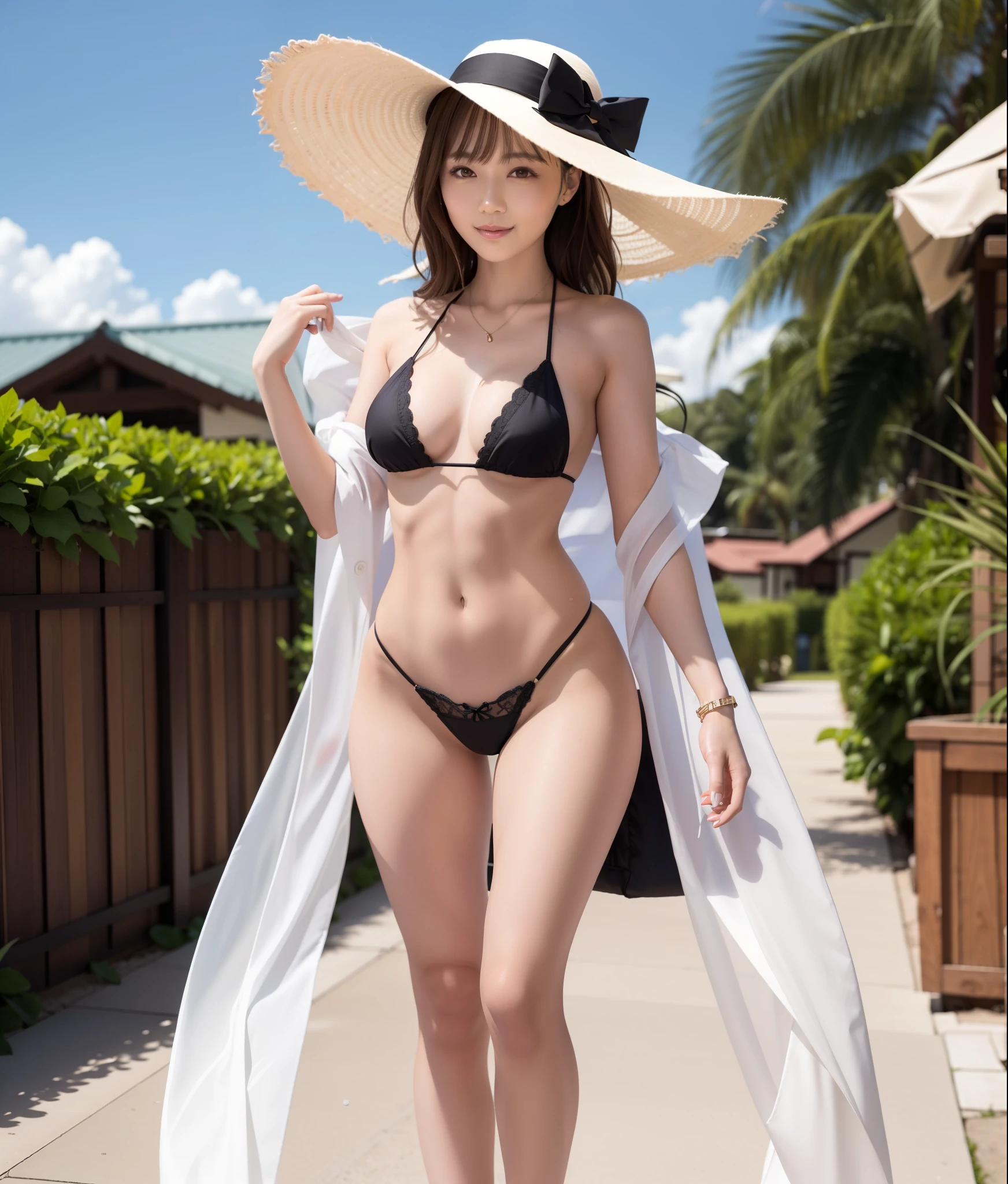 (best quality:1.2), (masterpiece:1.2), full body, (very detailed), (high resolution), 8k, cute Japanese woman, cute 24 year old beauty, slim body, (slightly saggy medium breasts), thin lips, detailed face, Beautiful and elegant face, cute face, natural bangs, arched eyebrows, well-groomed eyebrows, (big eyes with a good balance between the left and right sides), cute eyes, beautiful eyes, beautiful thin nose, beautiful face line, (beautiful skin), Perm Hair, (natural bangs), Brunette colored hair, slim face, slim figure, (looking at the camera with a gentle smile), beautiful legs, smooth skin , slim and beautiful thighs, cute and sexy slim 24 year old woman, fair skin , Beautiful breasts, medium breasts, I-type Valley, cleavage, (Slender and slim body:1.5), (Slim waist), (slim hips), medium hair, ((slim Butt)), (Professional lighting:0.8), (lighting forward:0.7), (lighting front:0.7), (Flat lighting:0.8), Bathing, wet skin, (sexy micro bikini with lace),