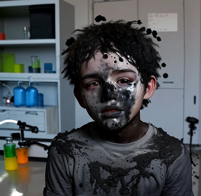 A boy covered in soot after an explosion in a science lab after a failed mixture