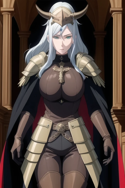 (high quality:1.2), intricate detailed, colorful,
VanessaCromwell, 1girl, mature female, solo, cowboy shot,
looking at viewer, determined,
white hair, long hair, green eyes,
armor, breastplate, shoulder armor, bodysuit, horned helmet, gloves, cape, cloak, (cape covering her arms 1.2)
large breasts,
Room, standing