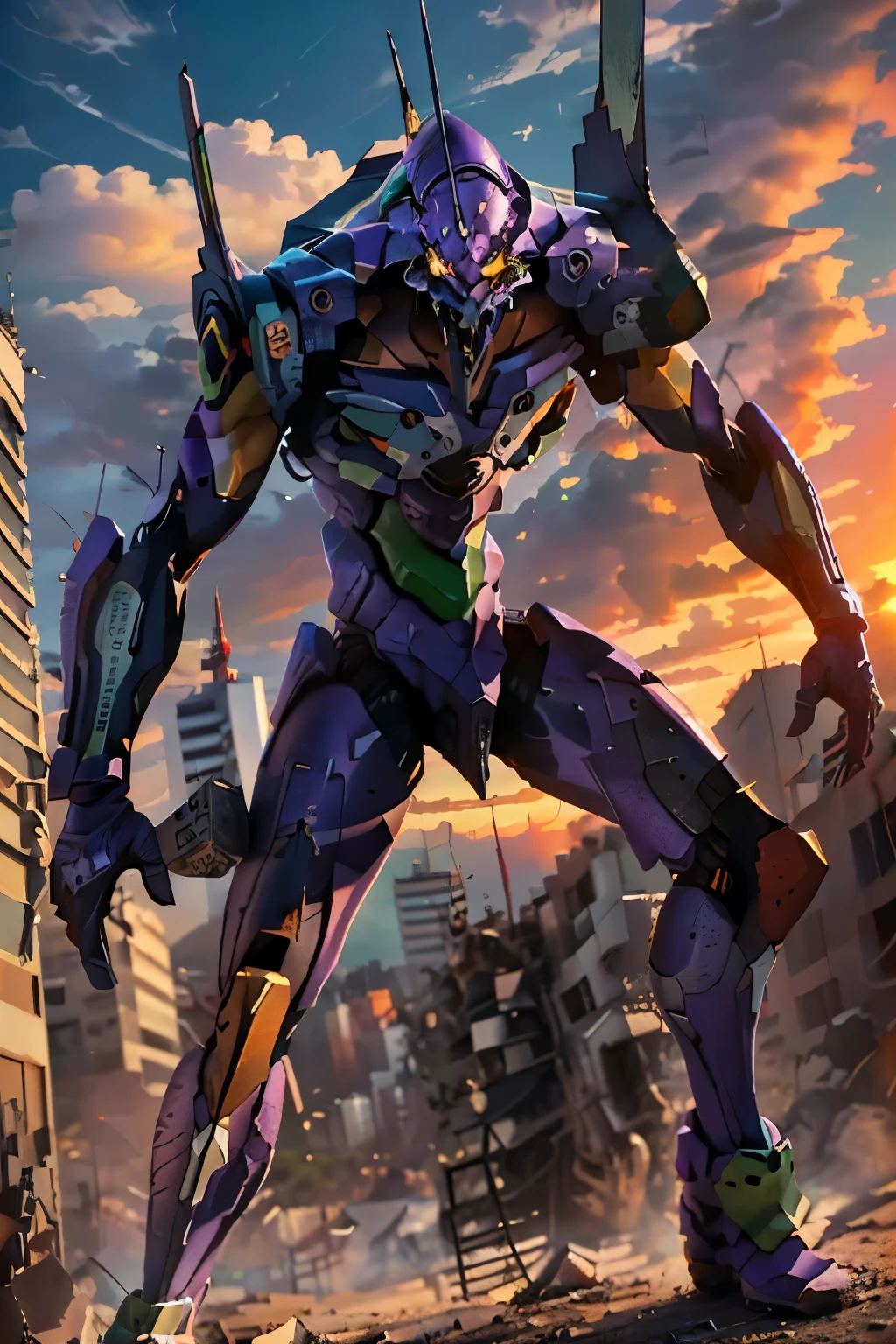 ((best quality)), ((masterpiece)), (detailed), highly detailed face, highly detailed eyes, highly detailed nose, highly detailed mouth, (Eva 01), white glowing eyes, God Eva, Evangelion Mecha, Science Fiction, Looking at the Audience, 3d Rendering, (Official Art, Best Quality, Masterpiece: 1.2), Illustration, absurdres, High Resolution, standing in a city in ruin, dramatic sunset light, Futurism, Cyberpunk, Intense Angle, full body shot