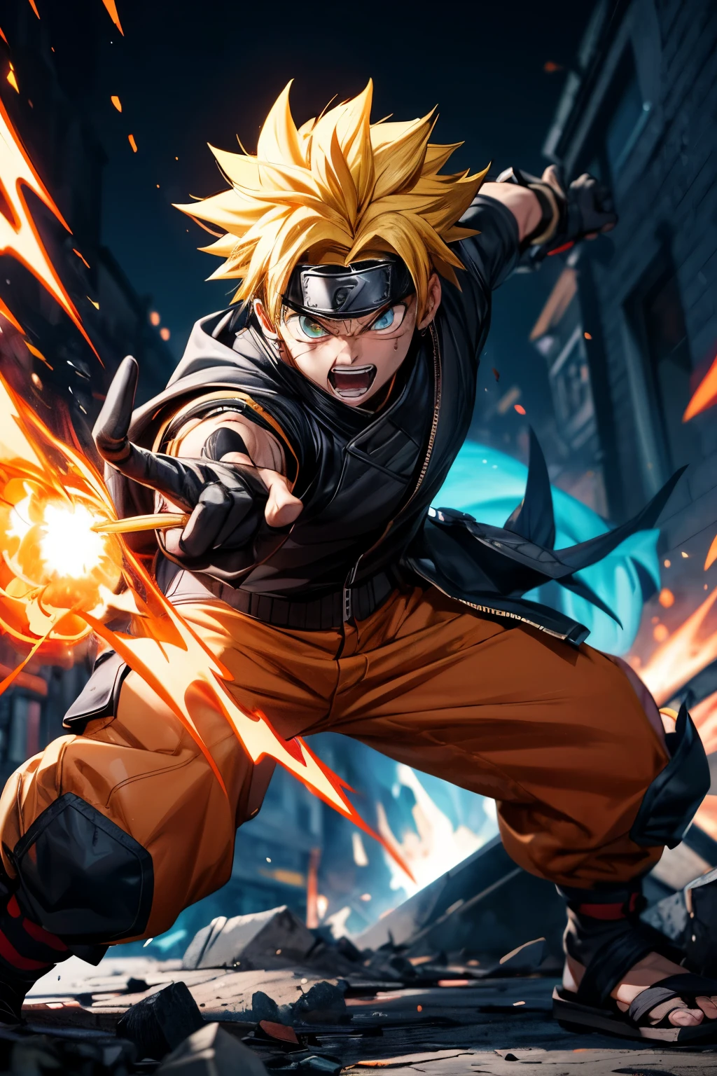 Naruto short spiked yellow hair with his characteristic orange outfit and black gloves with half of his fingers visible, is releasing his signature move, namely rasinggun fireball, is fighting with the figure of Gara, he looked very angry, His energy aura looks blue and yellow, he was in an old city that had been destroyed by fire by a demon