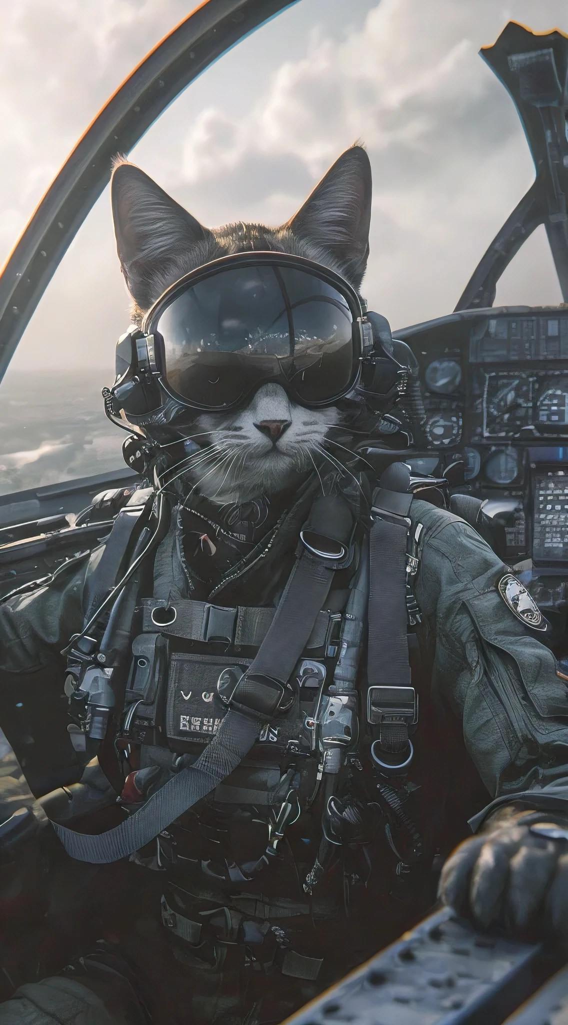 a cat fighter pilot in an f15 jet, highly detailed, hyperrealistic, 8k, professional digital art, cinematic dramatic lighting, vibrant colors, intricate mechanical details, intense action pose, photorealistic fur textures, piercing feline eyes, sleek aerodynamic jet design, shiny metallic fuselage, dramatic clouds and sky background, volumetric atmospheric effects