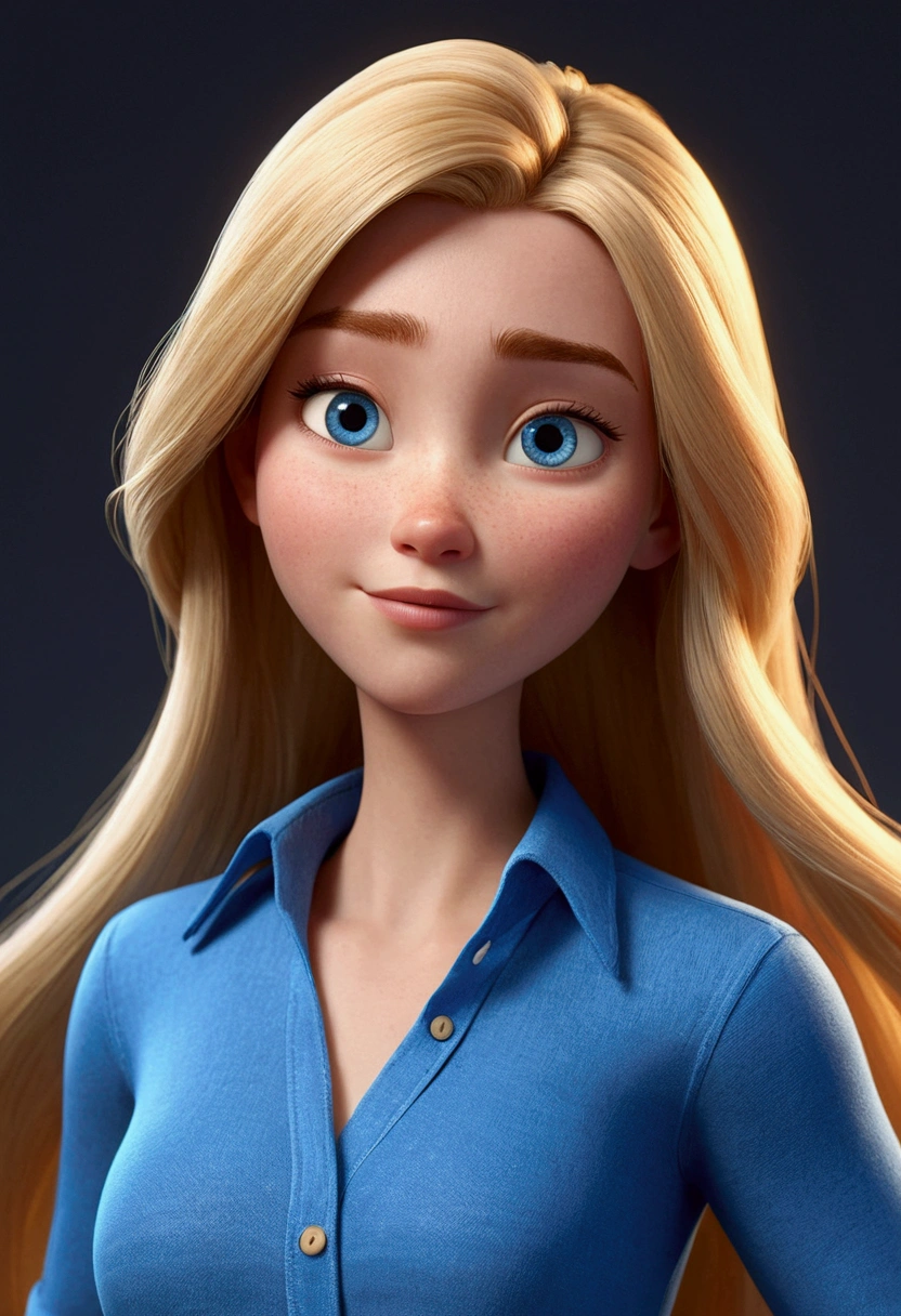 pixar Cartoon character of a woman long hair blonde and blue shirt, an animated character, stylized character, animation style rendering, 3d