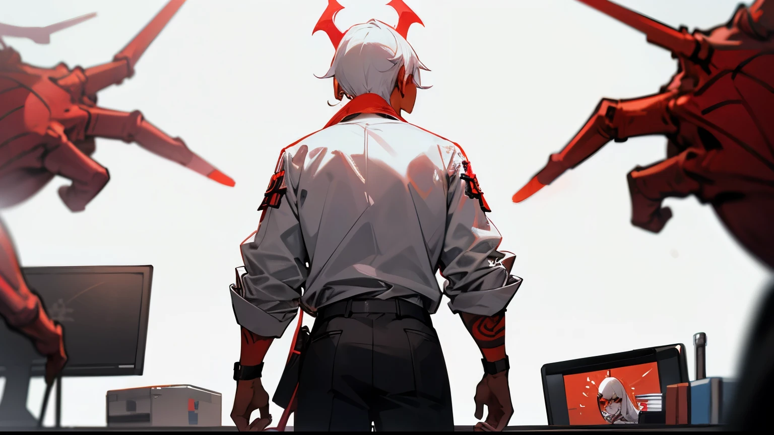 game sprite, from behind, demon boy, red skin, white hair, office outfit, white background, indie game