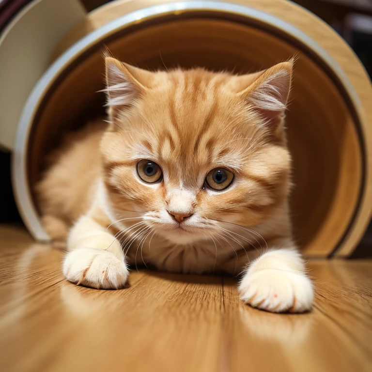 Golden Scottish Fold kitten. Face deformed with fisheye effect. Cute expression. Eye-level angle from the animal. Realistic background. Finely crafted down to the smallest detail. 8k.
