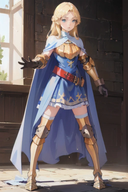 (masterpiece, best quality), 1girl,  KnightFFT, long hair, blonde hair, blue eyes, cape, armor, blue dress, belt, gloves, boots,
