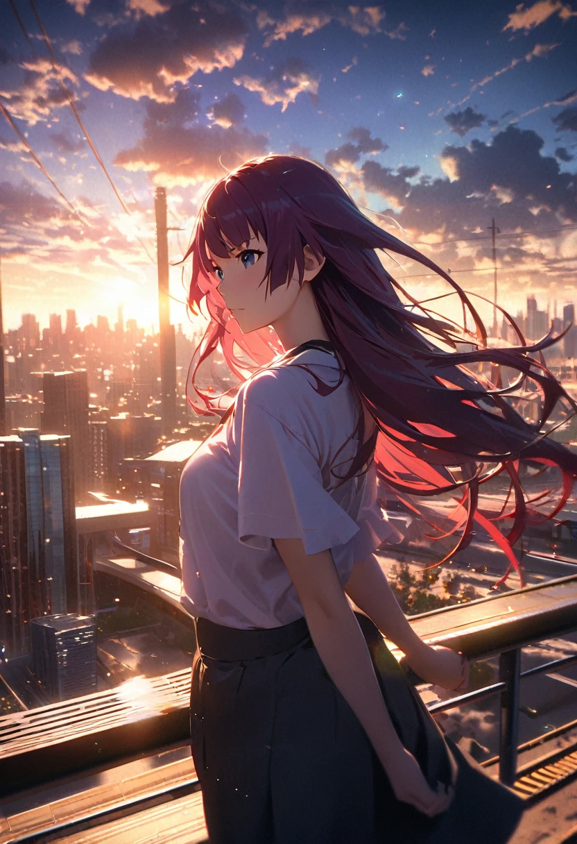 "1girl, senjougahara hitagi, monogatari (series), backlight, long hair flowing, masterpiece, best quality, absurdres, urban cityscape, Makoto Shinkai style background, hyper-detailed scenery, dramatic sky, cumulonimbus clouds, sun rays through clouds, modern skyscrapers, reflective glass buildings, bustling city streets, train tracks, overhead power lines, , standing on pedestrian bridge, wind blowing hair, soft afternoon light, lens flare, saturated colors, depth of field, photorealistic, emotional atmosphere"
