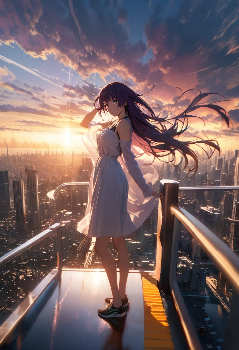 "1girl, senjougahara hitagi, monogatari (series), backlight, long hair flowing, masterpiece, best quality, absurdres, urban cityscape, Makoto Shinkai style background, hyper-detailed scenery, dramatic sky, cumulonimbus clouds, sun rays through clouds, modern skyscrapers, reflective glass buildings, bustling city streets, train tracks, overhead power lines, , standing on pedestrian bridge, wind blowing hair, soft afternoon light, lens flare, saturated colors, depth of field, photorealistic, emotional atmosphere"