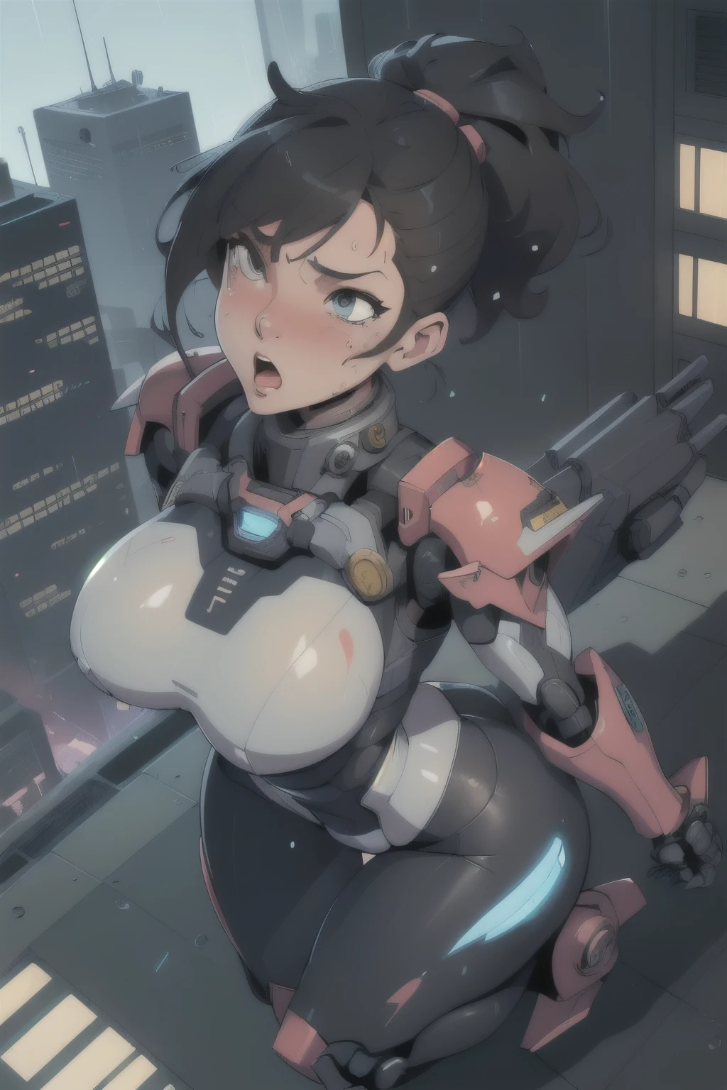 1girl, mecha, city, full body, floating, pov, from above, power armor, dynamic pose, ass out of armor, sweaty, wet, ahegao face