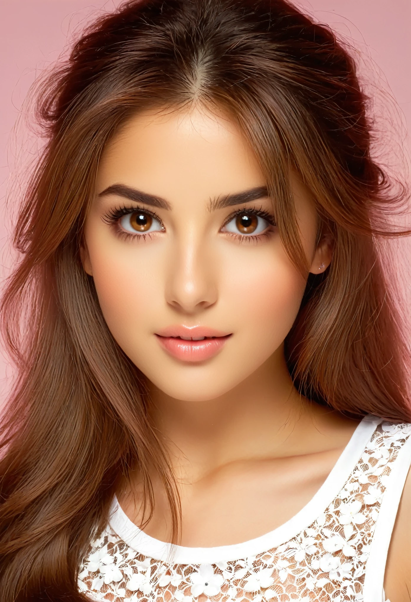 best quality, work, (Practical: 1,2), 1 girl, Brown hair, Brown eyes, front, Delicate face, beautiful eyes