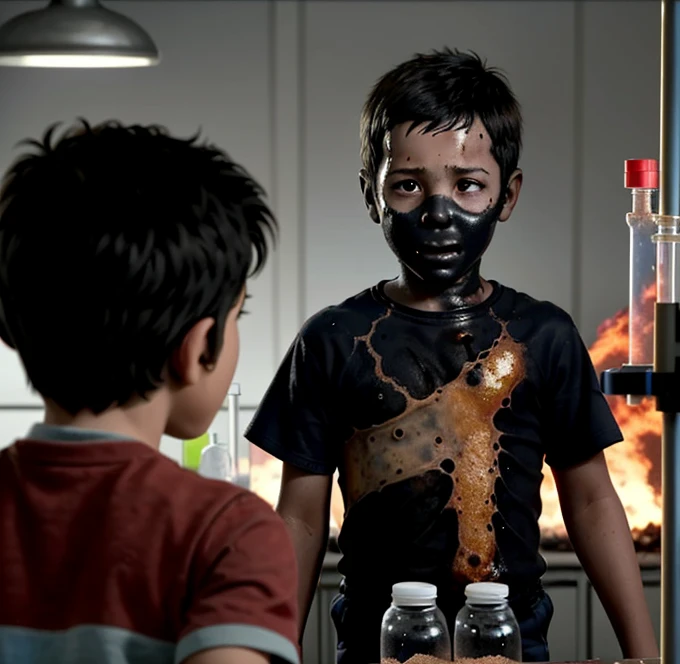 A boy is charred in a comedy movie after an explosion in a science lab due to a failed concoction.