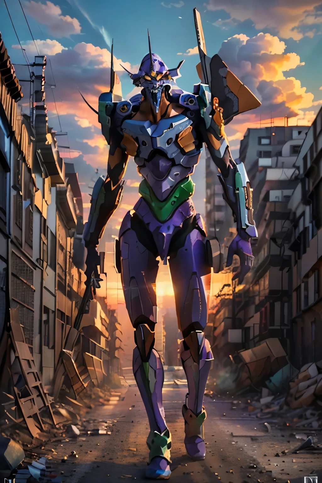 ((best quality)), ((masterpiece)), (detailed), highly detailed face, highly detailed eyes, highly detailed nose, highly detailed mouth, (Eva 01), white glowing eyes, God Eva, Evangelion Mecha, Science Fiction, Looking at the Audience, 3d Rendering, (Official Art, Best Quality, Masterpiece: 1.2), Illustration, absurdres, High Resolution, standing in a city in ruin, dramatic sunset light, Futurism, Cyberpunk, Intense Angle, full body shot