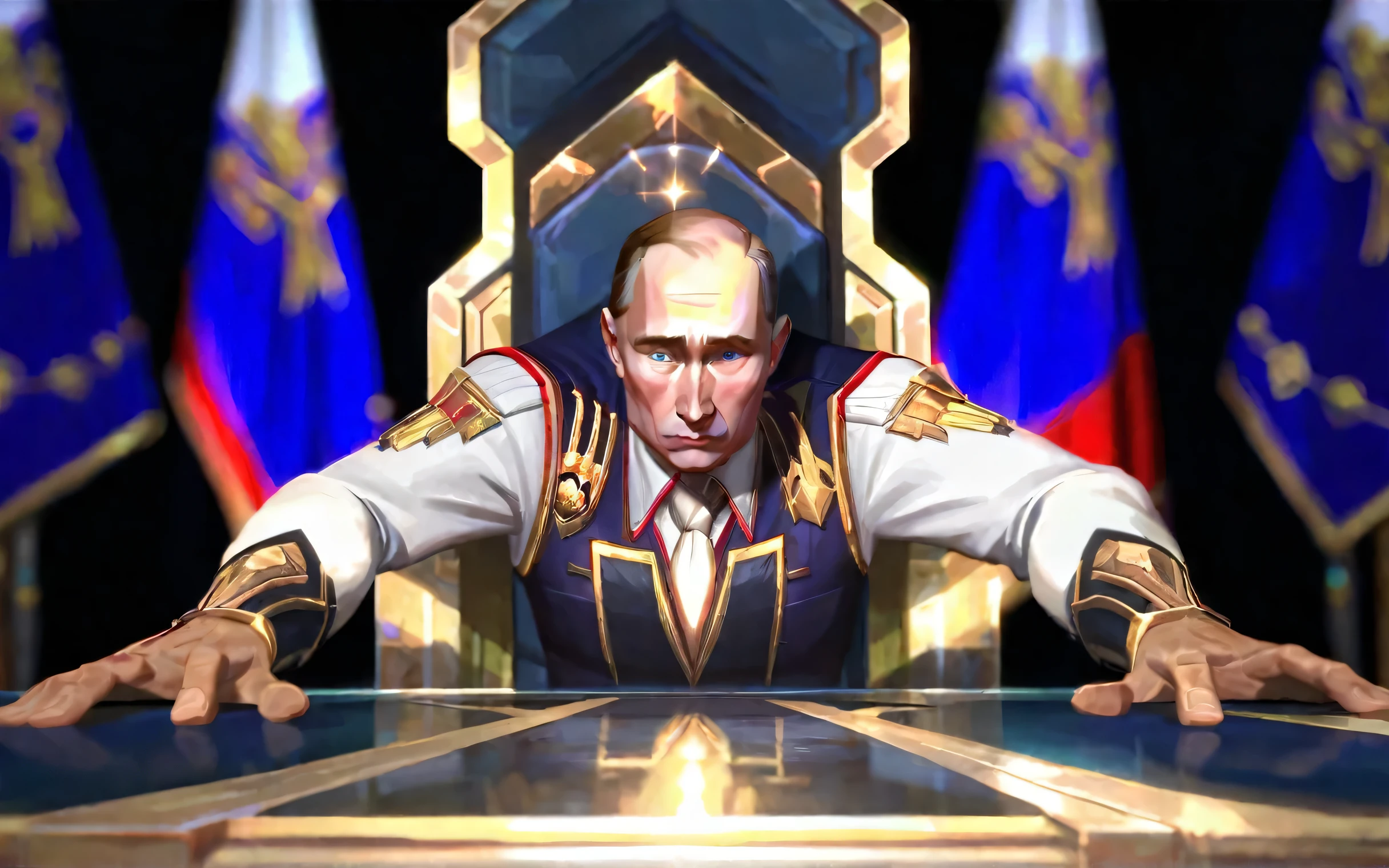 better aesthetics, lolsplashart, Arcane, Valuing, President Putin sitting looking forward at a presidential table with his hands clasped