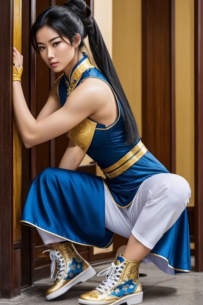 originally from China, known for its beauty, exceptional intelligence and martial skills.
Physically, He has an athletic build and average height, with long black hair tied in a high bun. His eyes are brown and expressive.. Wear a traditional Chinese blue qipao with white and gold details, complemented by gloves and combat boots. Lush body His personality is strong and determined, with a strong sense of justice.