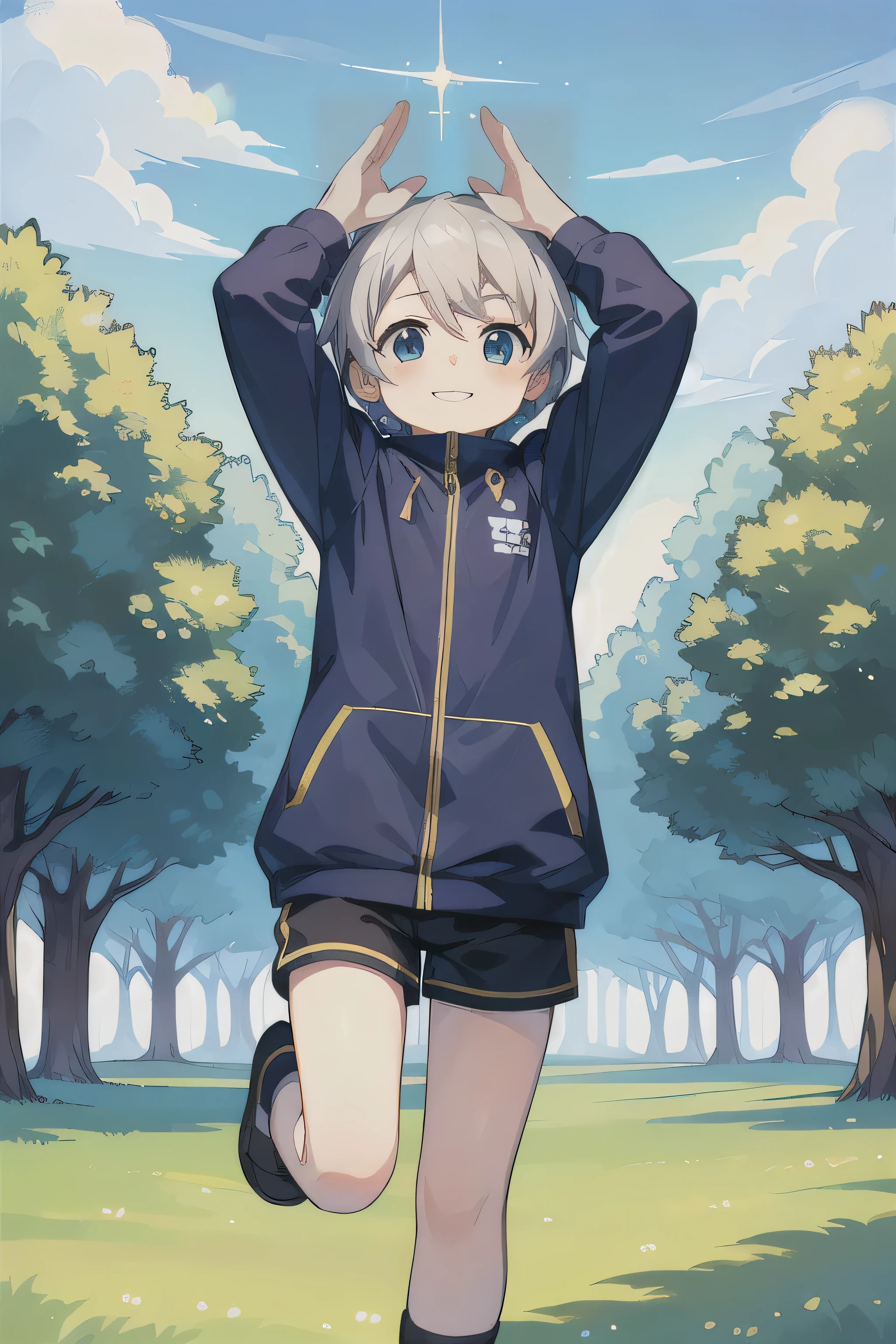 Highest quality, high quality,outdoors,simple background , arms are thin, face,from front,full body,looking up, look at viewer , (sparkle in the eyes) ,arms up, jumping,smile,(()), (1 boy), (greige hair), short hair, Parka ,illustration,anime style,