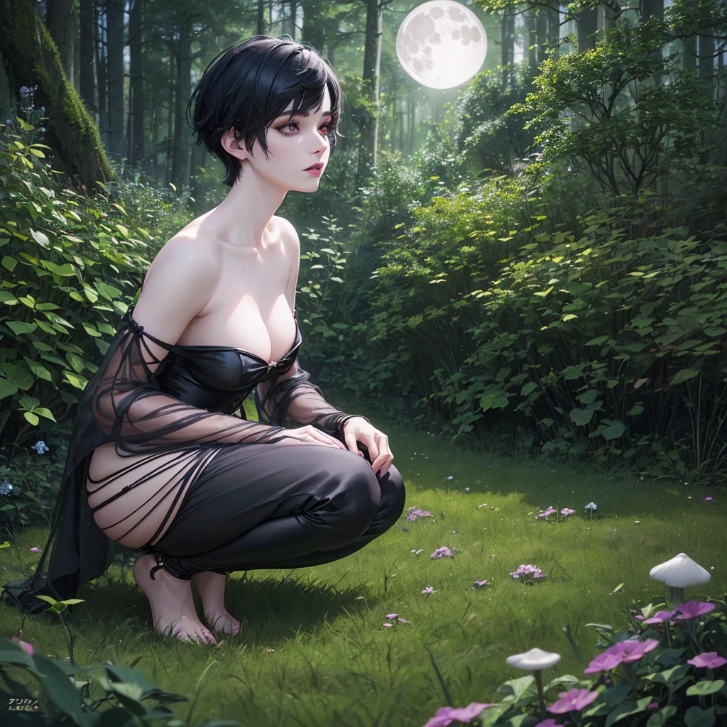 1 woman witch, black pixie cut hair, alternative hairstyle, pale skin, delicate feminine mouth, small amber eyes, magic mushrooms on forest floor, full moon in night sky, (best quality,4k,8k,highres,masterpiece:1.2),ultra-detailed,(realistic,photorealistic,photo-realistic:1.37),portraits,fantasy,magic,vibrant colors,cinematic lighting