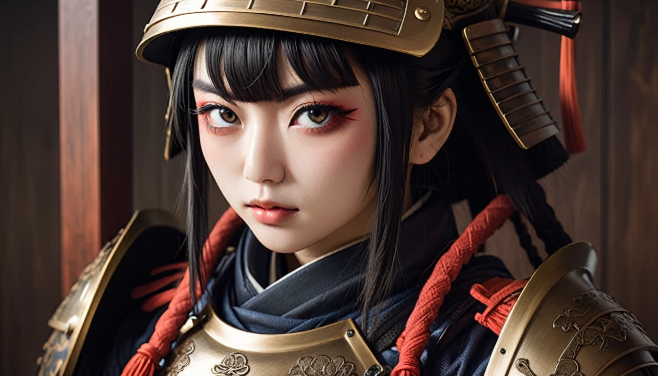 (Better Quality, Highs:-, Very detailed), Realistic, High resolution, solve, Detailed eyes and face, Detailed lips, Long eyelashes, juuichi , Beautiful Features, Curved body, Samurai costume and armor,Look directly at the viewer, intense expression, emotional expression, Mysterious atmosphere