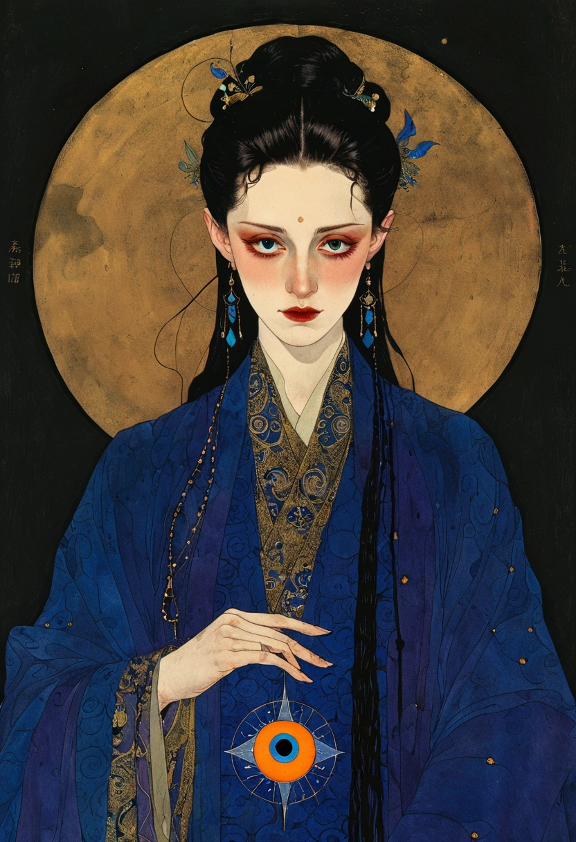 The art of math，Digital Illustration，Drawing，Decorative paintings，Watercolor，(((Harry Clark (Harry Clarke) style,圣地亚哥·卡鲁索style)))，Simple，clean，Fine painting style，(((The third eye on the forehead。short hair，Pointed ears，robe)))，Wide Angle，Black and blue，Solid color background，Human anatomy is correct