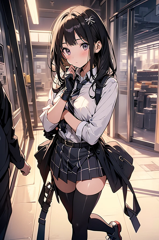 1 female, , high quality, masterpiece, Ultra-high resolution, , Cinema Lighting, , , And the suspenders with the cranes flying Moderate breasts Large Breasts Small face holster Lying in bed Looking up Sweat belt summer 脇Sweat Black Hole Gloves suit garterbelt Leg Links ズボンにbelt holster Hands behind your back Anxious expression Looking up Anxious face Knee-high Knee socks Knee-highソックス garterbelt garter ふとももにgarterbelt Checkered mini skirt Necktie Headband ribbon