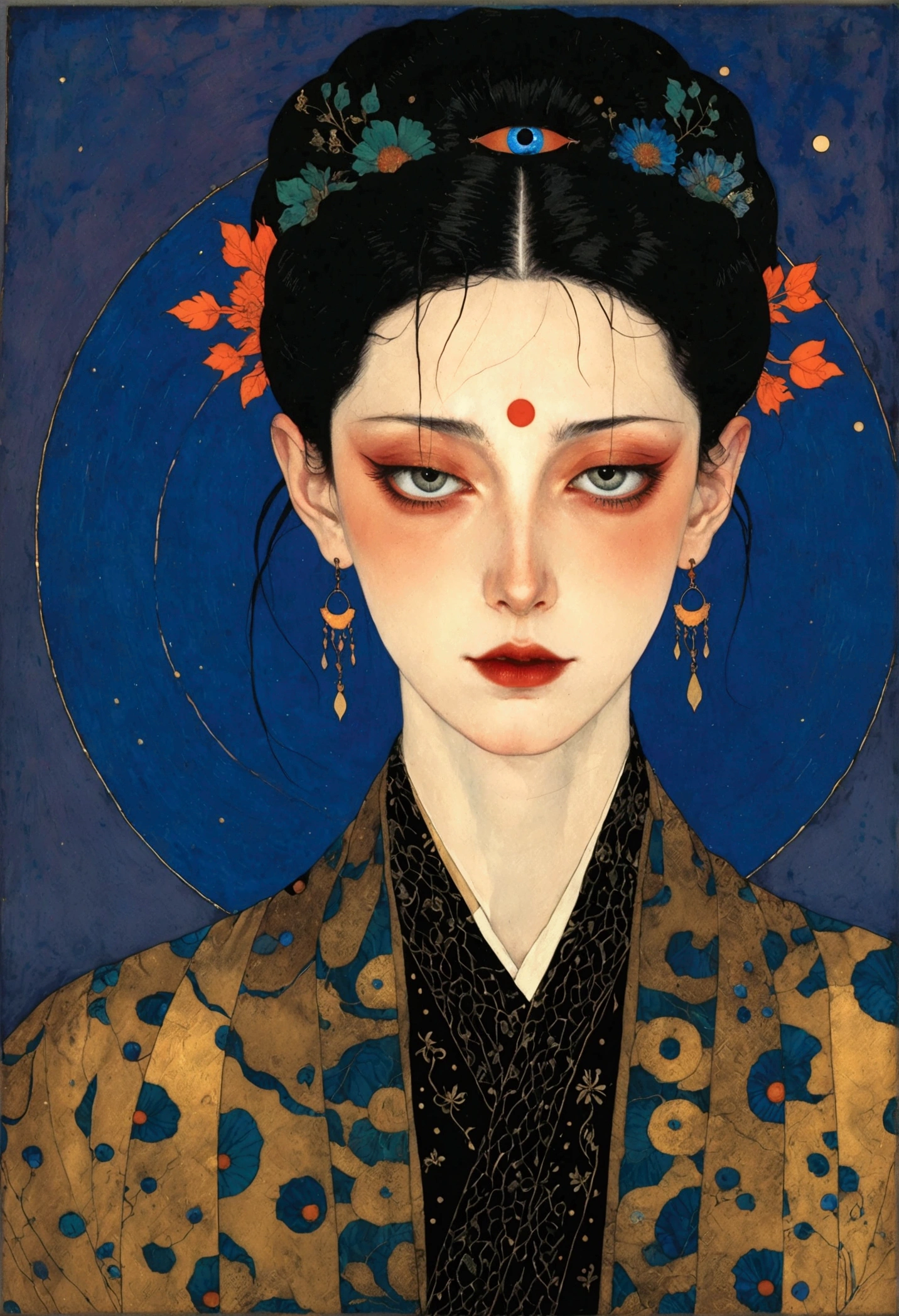 The art of math，Digital Illustration，Drawing，Decorative paintings，Watercolor，(((Harry Clark (Harry Clarke) style,圣地亚哥·卡鲁索style)))，Simple，clean，Fine painting style，(((The third eye on the forehead。short hair，Pointed ears，robe)))，Wide Angle，Black and blue，Solid color background，Human anatomy is correct