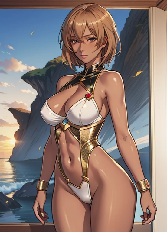 ((((An ultra-high picture quality、Fine-grained image quality、masuter piece、top-quality、Unusual look、fullnude、Long body、large full breasts、Brown skin color、Gold Hair、short-hair、Red ruby-like eyes、South Island、Blowing wind、Split abs))))、(((Very marked camel toe))),((((darkskin)))),((sun burn))、Realistic skin type、an anime girl、Detailed Digital Anime Art、A seductive anime girl、extremely detailed art germ、a hyperrealistic 、Ilyakukvshinov、Smooth Anime CG Art、Ultra Realistic Woman、ig model、ArtGerm、photo-realistic anime girl、digital anime art