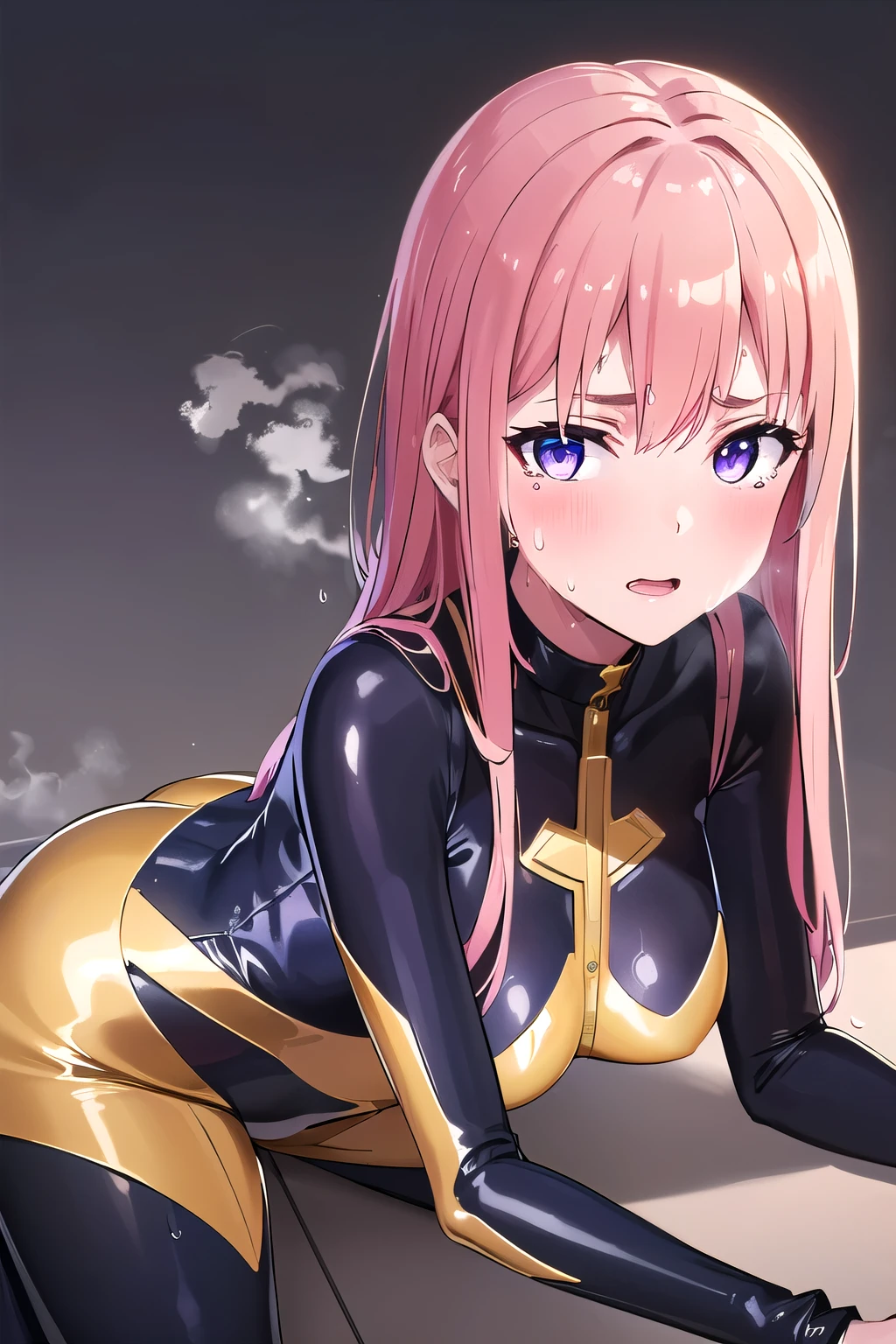  (8K, top-quality, masterpiece:1,2), (reallistic, Photorealsitic:1.37), Super Detail, One girl,), (Highly detailed), (beautifully detailed eyes), (of the highest quality), (super detailed ), (masterpiece), (Detailed face),20yr old, ,1 girl, ((pink hair,long hair)), medium breasts, clothed, Perfect Lighting, BREAK, (mysterious bodysuit:1.5), (glossy bodysuit:1.5), (dark queen:1.3), (glossy black:1.3), (burgundy tears:1.2), (high-neck:1.2), (cutout sleeves:1.1), (gold trim:1.2), (high-leg cutouts:1.3), (shiny leather:1.2), (gold ankle chains:1.2), (strappy heels:1.2), (gold choker:1.1), (statement bangles:1.1), BRAKE, (upper body to knees:1.2), (pink long hair:1.2), (mysterious expression:1.2), (enticing smile:1.1), (facing forward:1.1), (seductive pose:1.3), (dark background:1.2), (royal blue:1.1), (purple hues:1.1), (low lighting:1.2), (contrasting shadows:1.2), BRAKE  (sweat:1.5), (steam:1.2), (girl trembling with sexual climax:1.1), (looking at viewer:1.3)
