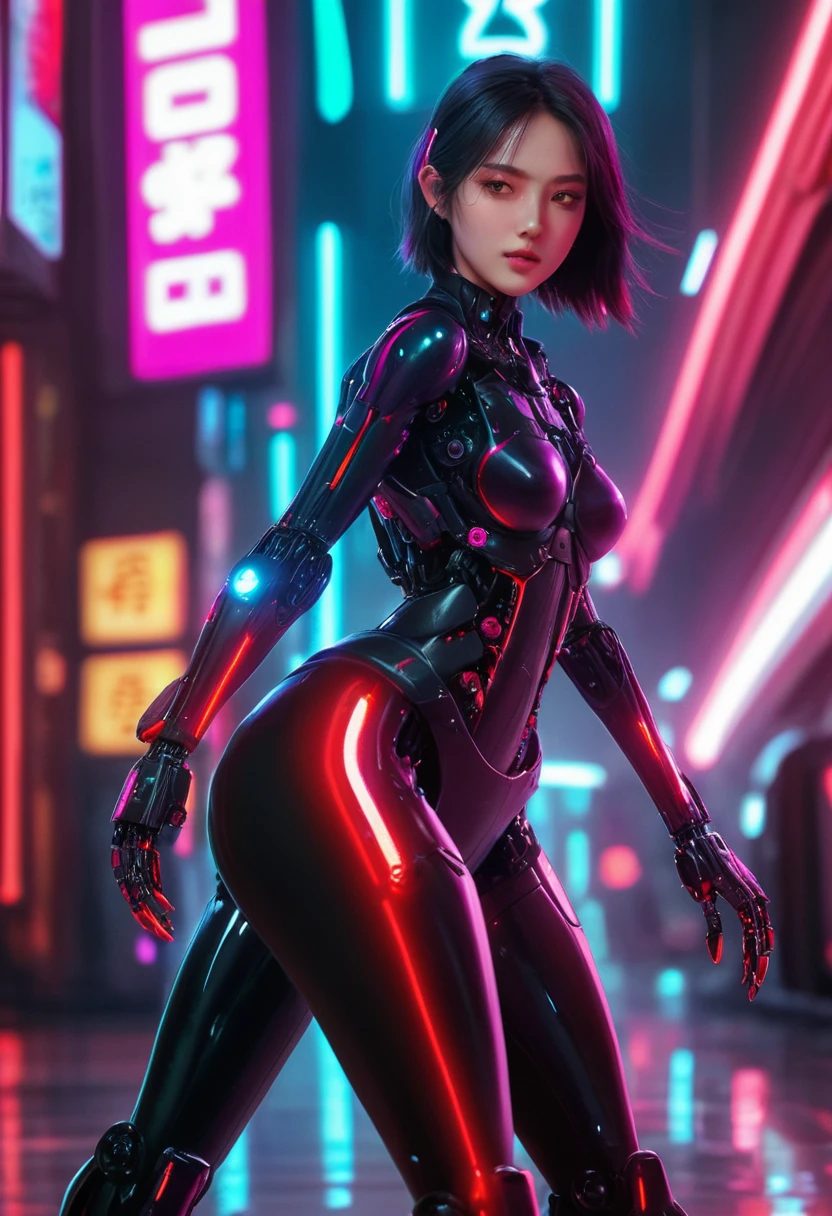 xxmixgirl. Highly detailed professional 35mm film, bokeh, face in sharp focus. A robotic female, Miku, with ((metal skin)), ((perfect Asian eyes)) with magenta irises and ((black pupils)), beautiful serious (detailed face), 18 year old ((photorealistic face)), very long magenta twin tails of magenta hair, twin black hair ties with a single red stripe. She may have a black audio headpiece. We can see her ((full body)) down to her boot soles. Her outfit is a sleeveless collared light grey shirt, outlined in red around the frilled collar and hems. Shiny reflective ((metallic breast cups, dimpleless)), invisible nipples. She wears black sleeves with red hems that start around her upper arm and bellow out as the sleeves open and extend to her wrists, with wide trumpet red rimmed cuffs. She has perfect robotic (detailed hands). She wears a red colored tie with two horizontal solid parallel black lines halfway across. She wears a fabric black skirt with a horizontal red hem at the bottom all the way around; her (((black skirt wraps around her))) and ((her skirt completely covers)) her robotic waist and thighs. Tall black boots with red bottom soles, a red rim around the top at her thighs. Her mechanical shoulder joints are visible. We can see her robotic legs and robotic neck. Half of her is covered with shiny polished machinery. The background is a distant dark neon futuristic Japanese city, gold, cyan, violet neon, near harbor or mountains.