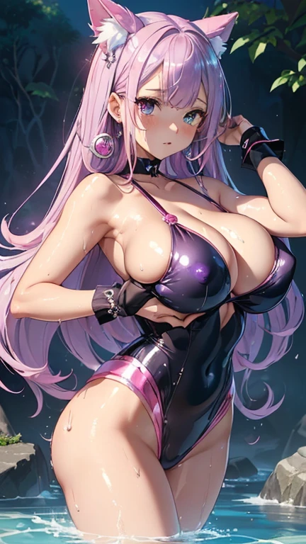 (shinypink_onepiece_sexypinkswimsuit:1.4).(Cat Ears:1.2).(Pink ribbon:1.2).(Twin tail curly hair:1.3).(to you:1.5).(steam:1.3).(ahegao:1.2).(Upper body only composition:1.5).(How:1.5).(nsfw:1.3).(shiny skin:1.8).(wet skin:1.5).(huge breasts:1.7).(Nipples are visible:1.5).showoff breasts:1.6).beautiful girl,最high quality、Best image quality、masterpiece、girl((18 year old top model、 By becoming、Best Bust、Tea that opened my chest wide、shining eye,((Heterochromia iridis, (右eye, blue colored 右eye iris)(左eye, gray purple colored 左eye iris), eye; Red and grey purple)), Pink metallic hair、Blue hair color, Silver smooth shiny top model hairstyle, Straight silk bangs, Cut straight hair and bangs, Blunt bangs+Cut straight, long and smooth hair、thin,Highest valley、Black 、Shiny pink short skirt、Shoulder jewellery ,Diamond Earrings、Wristband、Black gloves)),high quality、Beautiful art、background((School Area))、Flight、Flying debris、Written boundary depth、movie、Visual Arts、Perfect art、8k,Genuine、Dynamic Performance