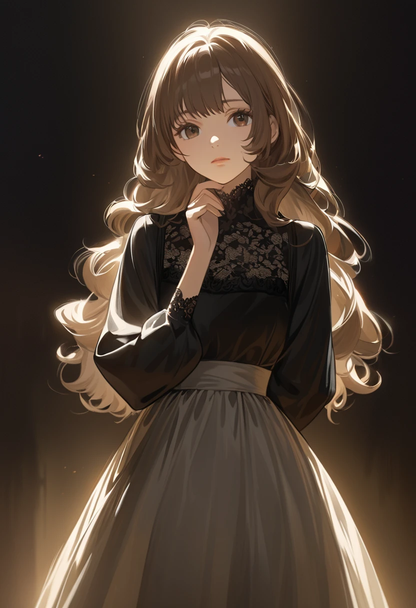 In a Rembrandt-inspired anime illustration, a young girl rests her chin on her hand, lost in thought against a dark background. Her long, chestnut hair cascades around her face, partially obscuring her deep, contemplative brown eyes. The lighting is dramatic, with a soft, warm glow illuminating her face and casting subtle shadows, creating a sense of depth and intimacy.
She wears a simple, elegant dress with delicate lace trim, the fabric rendered in rich, muted tones that complement the warm light. The shadows and highlights on her face and dress are carefully crafted to enhance the realism and emotional weight of the scene.
The background is a deep, almost velvety black, allowing the girl to stand out as the focal point. Her expression is serene yet introspective, her lips slightly parted as if caught in a moment of quiet reflection. The overall atmosphere is one of calm and thoughtful reverie, inviting the viewer to share in her quiet contemplation.