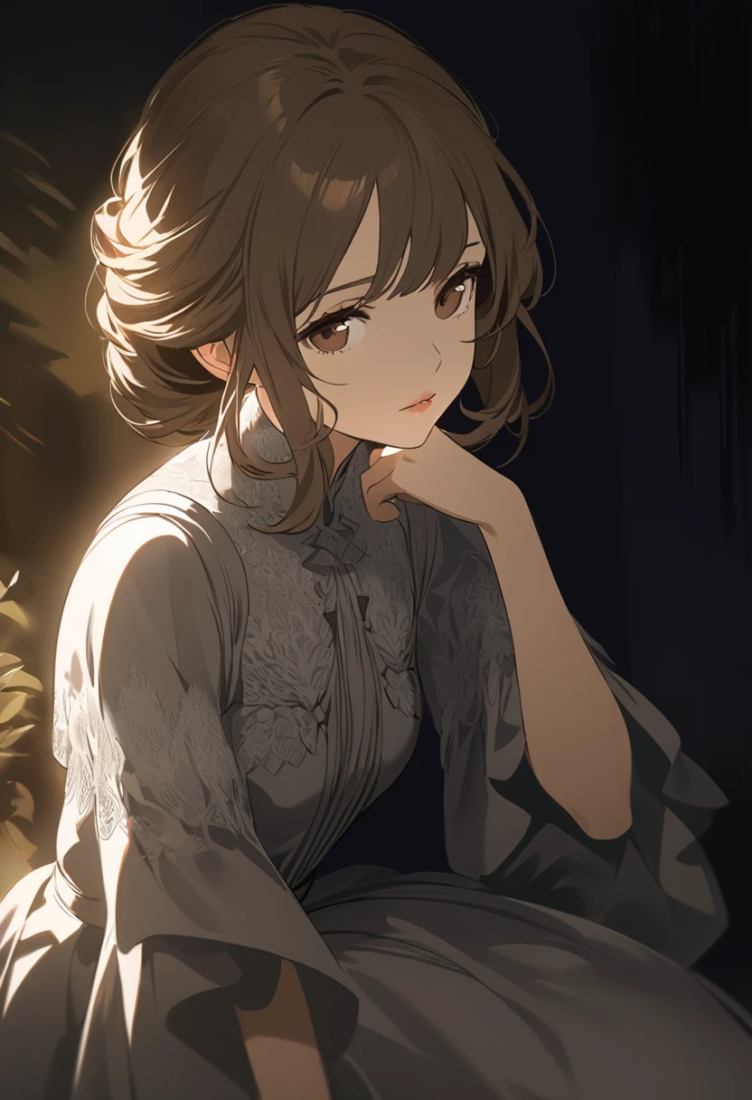 In a Rembrandt-inspired anime illustration, a young girl rests her chin on her hand, lost in thought against a dark background. Her long, chestnut hair cascades around her face, partially obscuring her deep, contemplative brown eyes. The lighting is dramatic, with a soft, warm glow illuminating her face and casting subtle shadows, creating a sense of depth and intimacy.
She wears a simple, elegant dress with delicate lace trim, the fabric rendered in rich, muted tones that complement the warm light. The shadows and highlights on her face and dress are carefully crafted to enhance the realism and emotional weight of the scene.
The background is a deep, almost velvety black, allowing the girl to stand out as the focal point. Her expression is serene yet introspective, her lips slightly parted as if caught in a moment of quiet reflection. The overall atmosphere is one of calm and thoughtful reverie, inviting the viewer to share in her quiet contemplation.