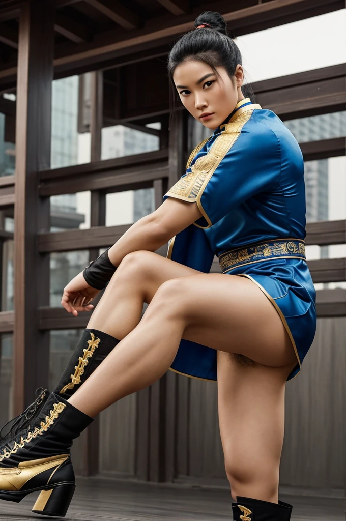 originally from China, known for its beauty, exceptional intelligence and martial skills.
Physically, He has an athletic build and average height, with long black hair tied in a high bun. His eyes are brown and expressive.. Wear a traditional Chinese blue qipao with white and gold details, complemented by gloves and combat boots. Lush body, athletic leg. His personality is strong and determined., with a strong sense of justice.