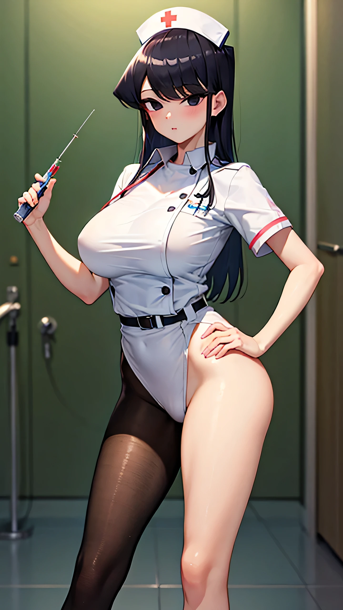 Masterpiece, best quality, komishouko, holding, standing, white nurse custom, nurse cap, nurse, syringe, (contrapposto:1.2),big breasts, skin tight, thighs 