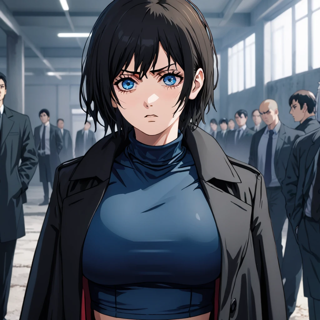 himeno\(chainsaw man\), 1girl, solo, standing, dark hair, short messy hair, blue eyes, ((huge breasts)), stare, grumpy, (annoyed:1.2), looking at viewer, (interview:1.3), close-up, muscular, crop top, black greatcoat, short skirt, cleavage, best quality, highest quality, high resolution.