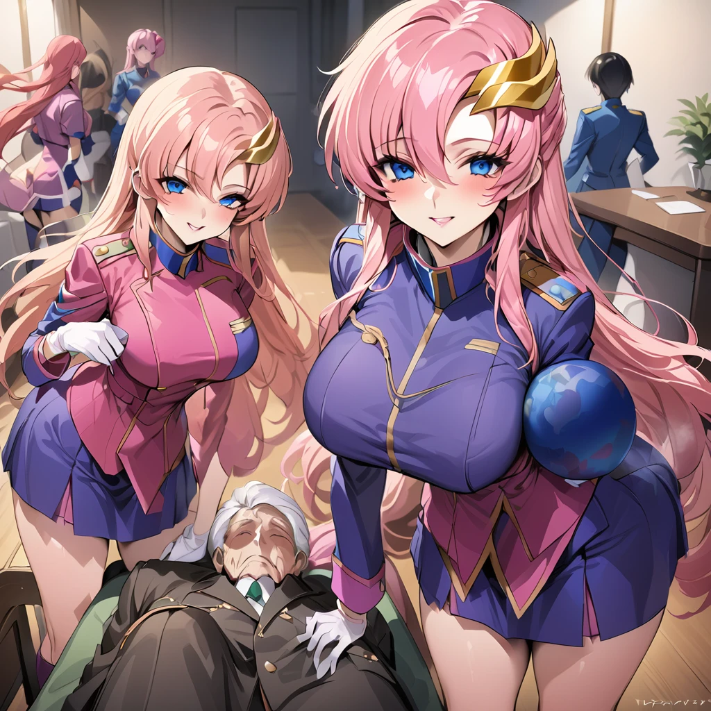 ((Highest quality)), ((masterpiece)), (detailed), (Perfect Face)、Gundam SEED、The woman is Lacus Clyne, with blue eyes, pink medium-long hair and a hair accessory.、The woman is a female officer in the Earth Federation Army and is wearing an Earth Federation Army uniform.、The woman serves as a secretary to a dignified elderly general in the Earth Alliance military.