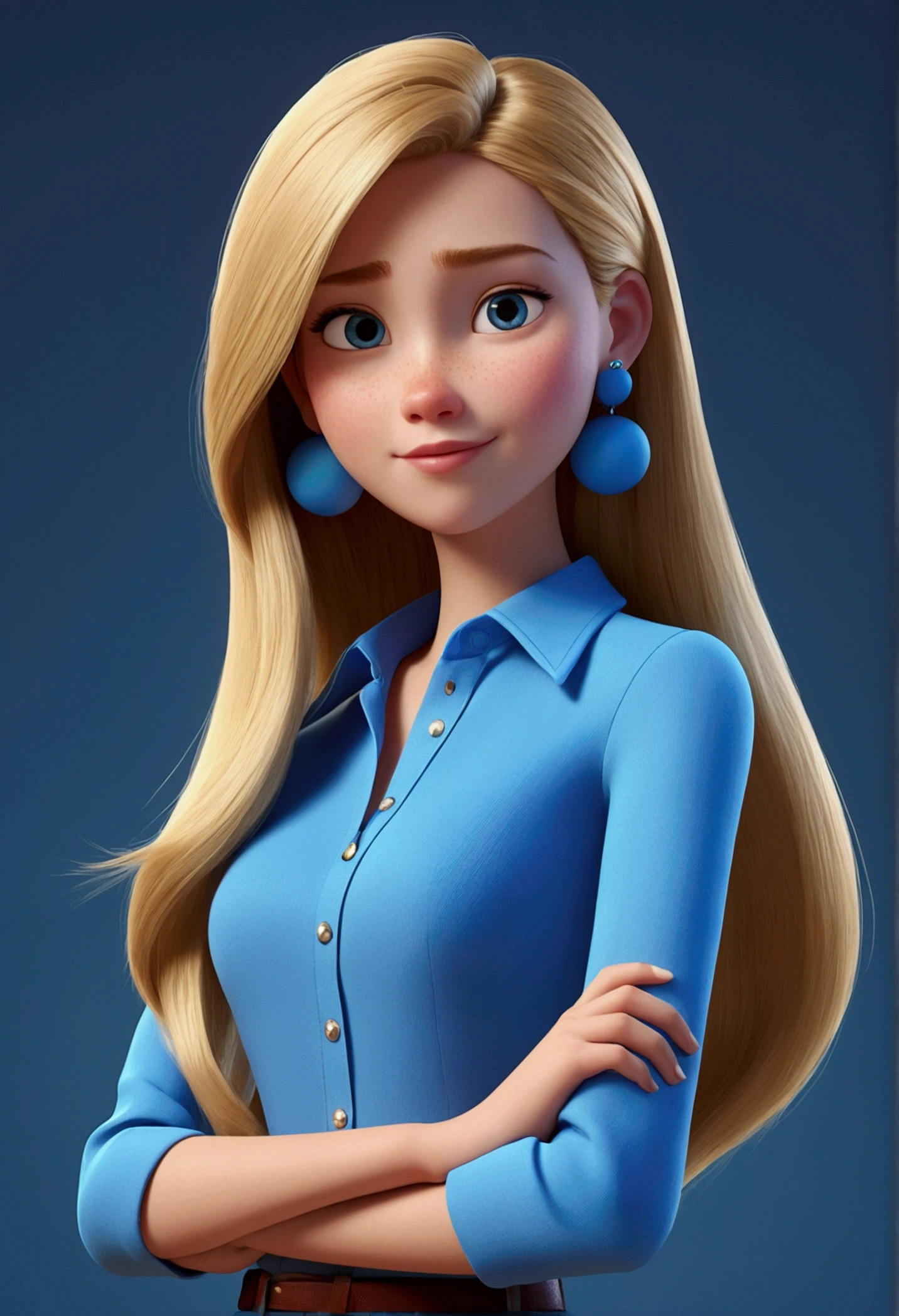pixar Cartoon character of a woman with round face long straight hair blonde and blue sleeve blouse with simple ball earring, an animated character, stylized character, animation style rendering, 3d
